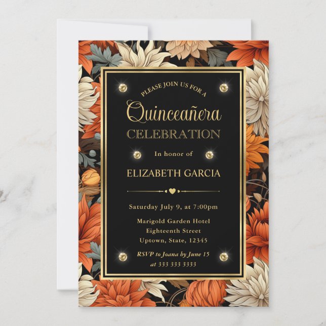 Watercolor Orange Brown Fall Leaves Quinceanera Invitation (Front)