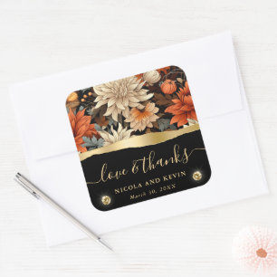 Watercolor Orange Brown Fall Leaves Wedding Square Sticker