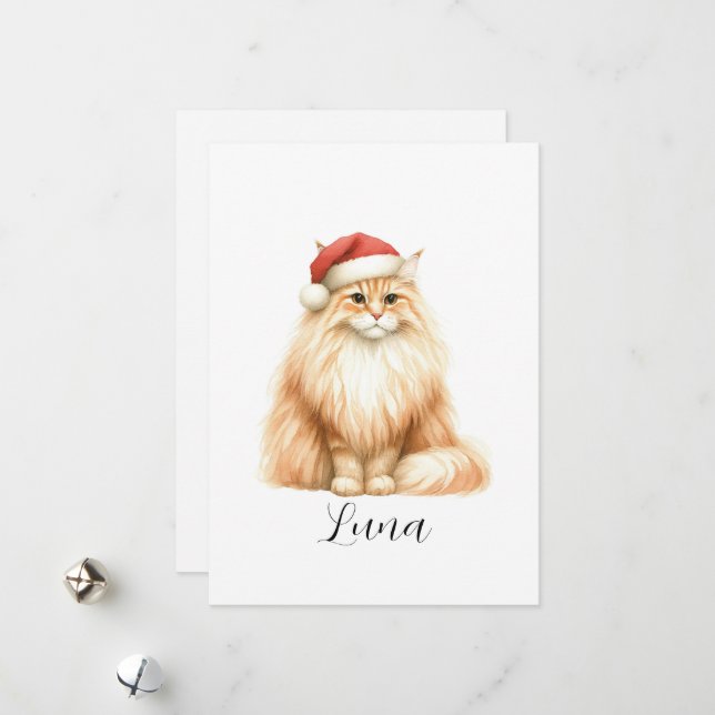 Watercolor Orange Cat in Santa Hat Holiday Card (Front/Back In Situ)