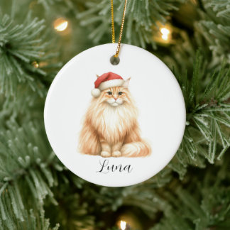 Watercolor Orange Cat in Santa Hat Ornament