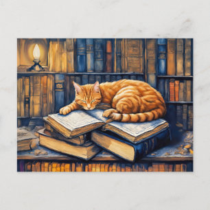 Watercolor Orange Cat Sleeping on Books Postcard