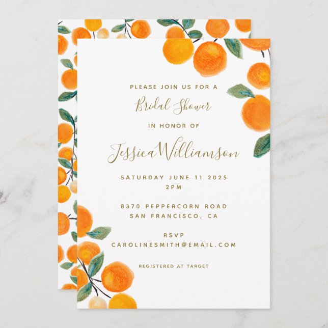 Watercolor Orange Citrus Fruit Bridal Shower  Invitation (Front/Back)