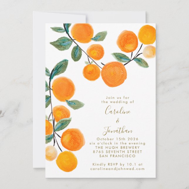 Watercolor Orange Citrus Fruit Script Wedding  Inv Invitation (Front)