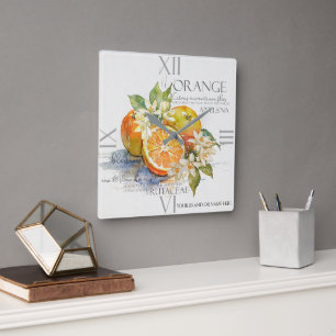 Watercolor Orange Citrus Fruit With Blossoms Square Wall Clock