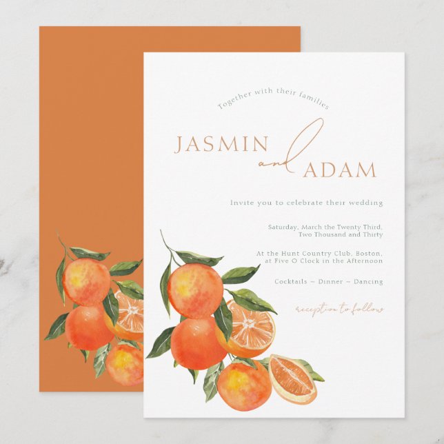 Watercolor Orange Citrus Mediterranean Wedding Invitation (Front/Back)