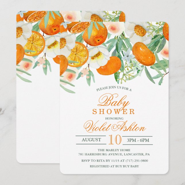 Watercolor Orange Floral Baby Shower Invitation (Front/Back)