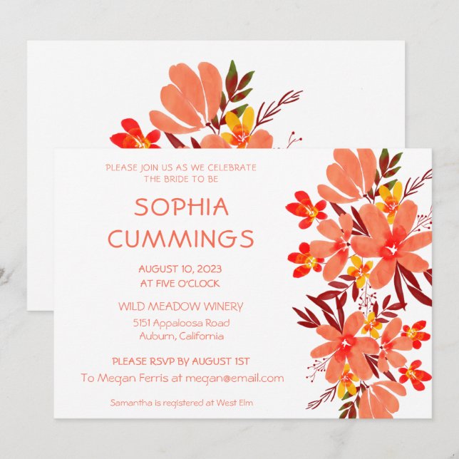 Watercolor Orange Floral Bridal Shower Invitation (Front/Back)
