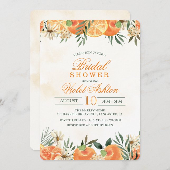Watercolor Orange Floral Bridal Shower Invitation (Front/Back)