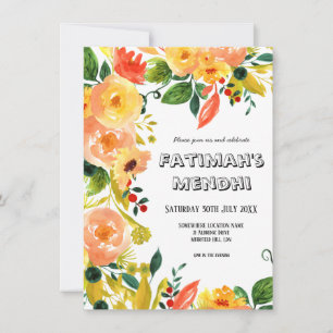 Watercolor Orange Floral Rustic Boho Wedding Invitation