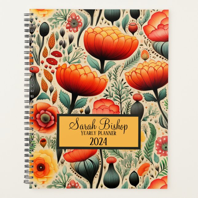 Watercolor Orange Floral Yearly Planner Hardcover  (Front)