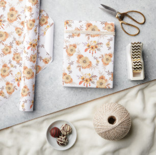 Watercolor Orange Flower Floral Leaves Boho Wrapping Paper