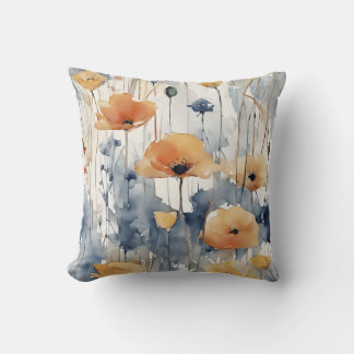 Watercolor Orange Flowers Blue Indigo Design 347 Cushion