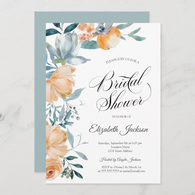 Watercolor Orange Flowers Bridal Shower Invitation (Front/Back)