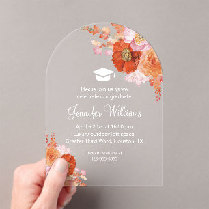 watercolor orange flowers modern party graduation acrylic invitations