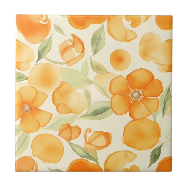 Watercolor Orange flowers pattern Tile (Front)