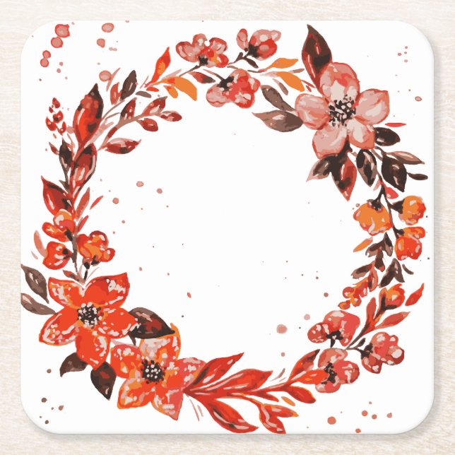 Watercolor orange flowers square paper coaster (Front)