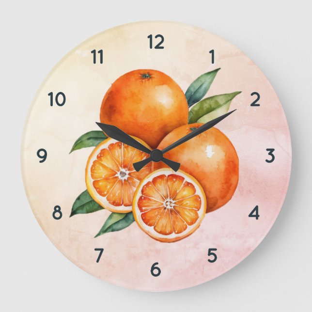 Watercolor Orange fruit Clock with Black numbers (Front)