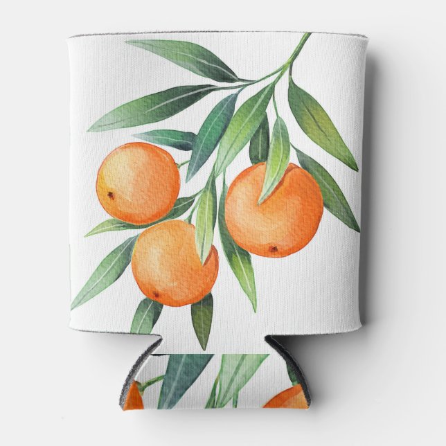Watercolor Orange Fruits: Branches Isolated. Can Cooler (Front)