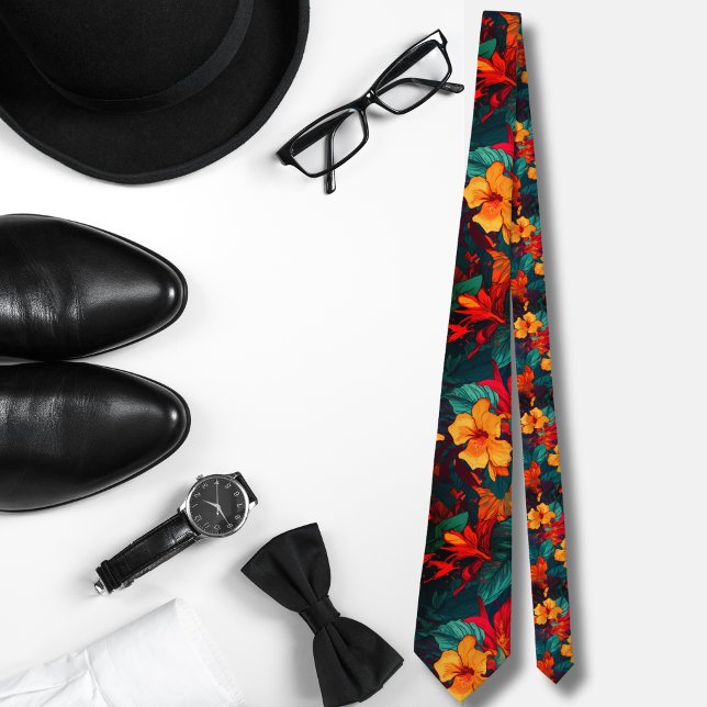 Watercolor orange Hawaiian pattern monstera Tie (Creator Uploaded)