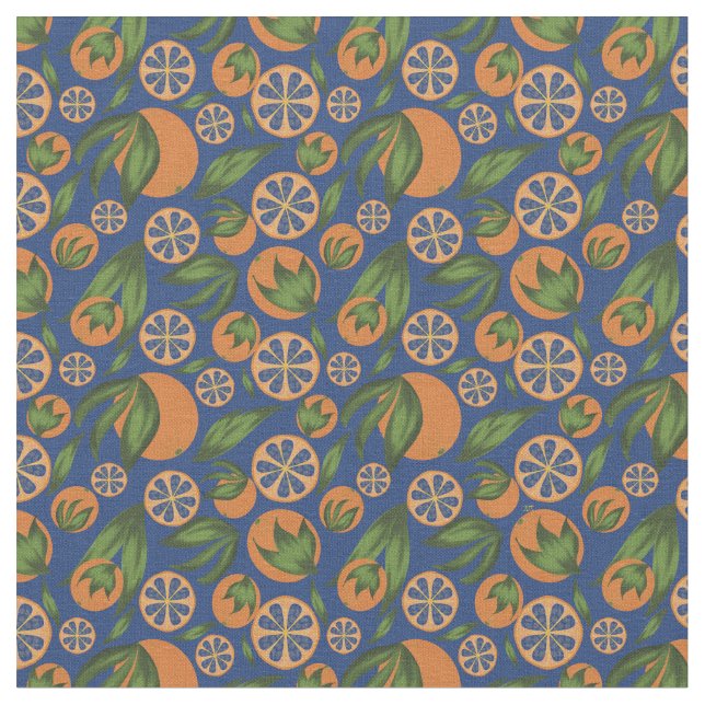 Watercolor Orange Indigo Fruit Pattern Fabric (Close Up)