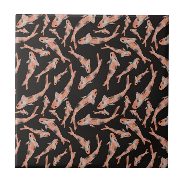 Watercolor Orange Koi Black Fish Pattern Tile (Front)