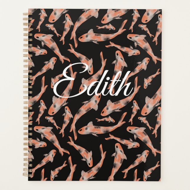 Watercolor Orange Koi Fish Black Personalised Planner (Front)
