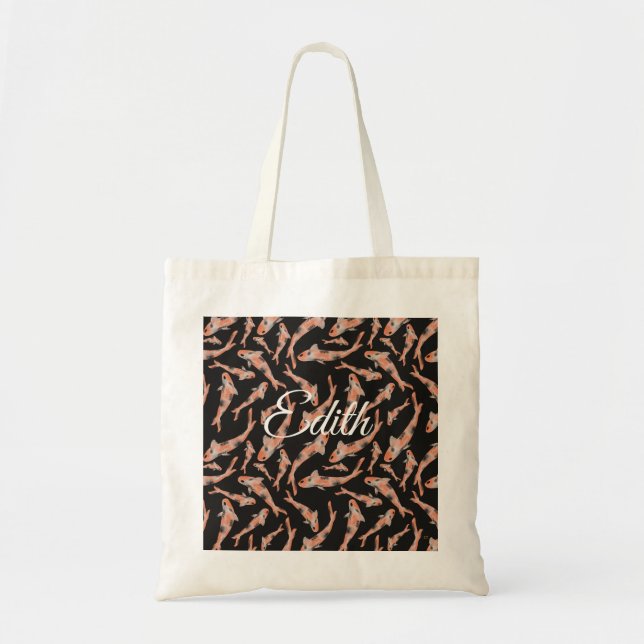 Watercolor Orange Koi Fish Black Personalised  Tote Bag (Front)