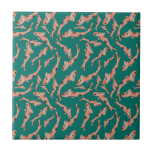 Watercolor Orange Koi Fish Teal Pattern Tile