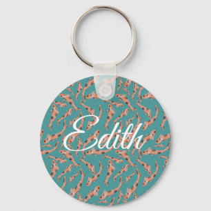 Watercolor Orange Koi Fish Turquoise Personalised Key Ring