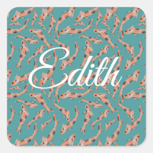 Watercolor Orange Koi Fish Turquoise Personalised Square Sticker