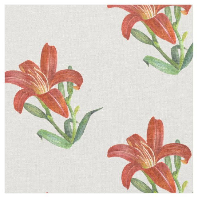 Watercolor Orange Lily Botanical Illustration Fabric (Close Up)