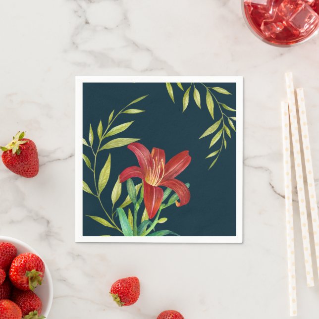 Watercolor Orange Lily Illustration Dark Turquoise Napkin (Insitu)