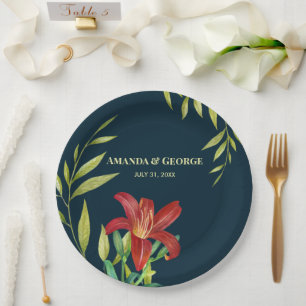Watercolor Orange Lily Illustration Dark Turquoise Paper Plate