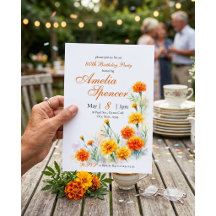 Watercolor Orange Marigold Floral Birthday 