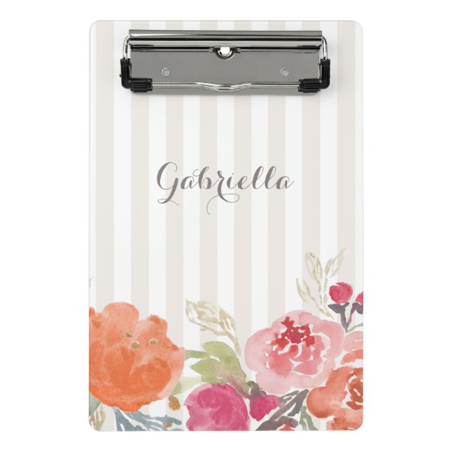 Watercolor Orange Peonies Pinstripes Personalised Mini Clipboard (Front)