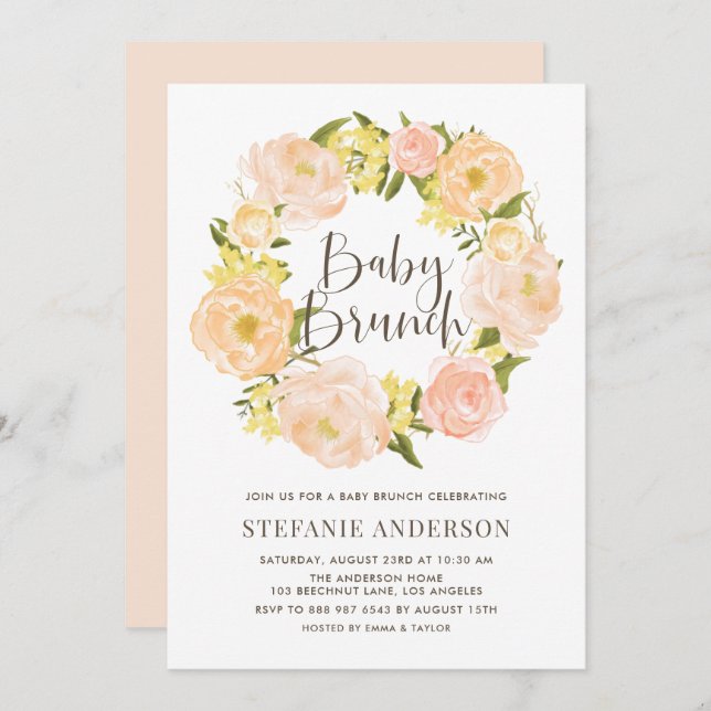 Watercolor Orange Peony Wreath Baby Brunch Invitation (Front/Back)