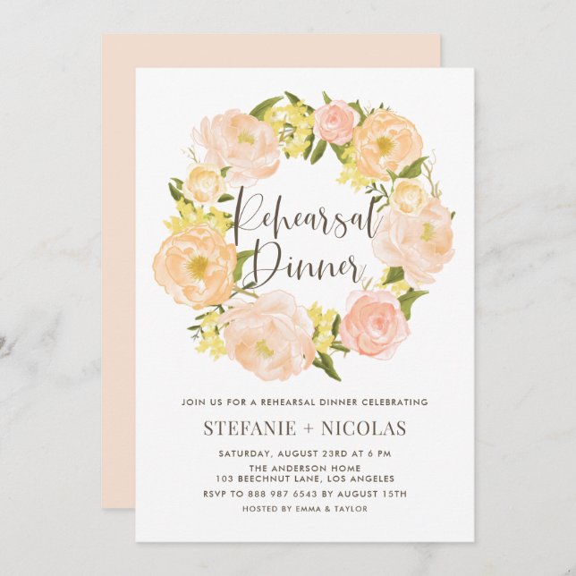 Watercolor Orange Peony Wreath Rehearsal Dinner Invitation (Front/Back)
