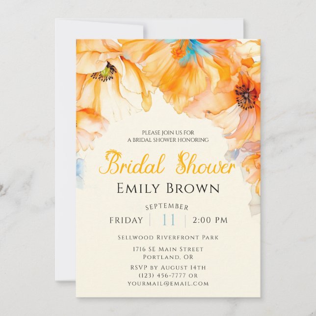 Watercolor Orange Poppy Bloom bridal shower  Invitation (Front)