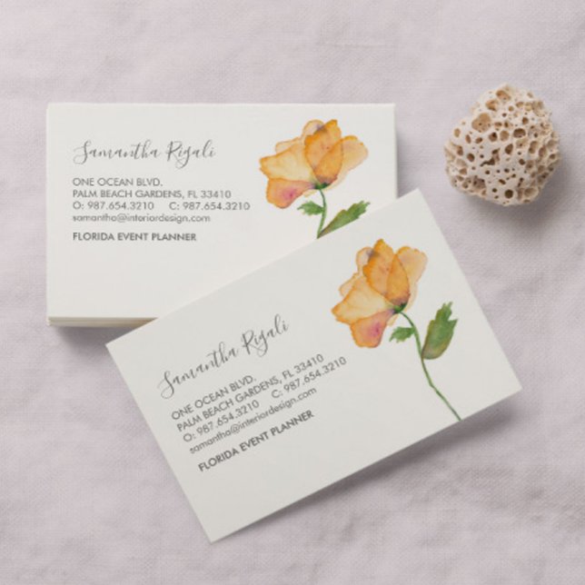 Watercolor Orange Poppy Flower Business Enclosure Card (Professional business cards watercolor orange florals poppy flower Victoria Grigaliunas DoTellABelle)