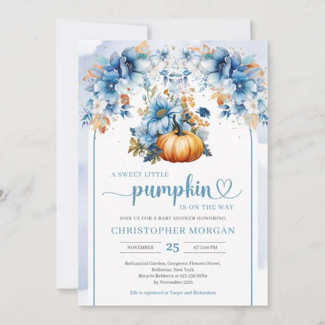 Watercolor orange pumpkin dusty blue flowers arch invitation (Front)