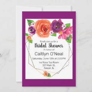 Watercolor Orange Purple Pink Floral Gold Frame Invitation