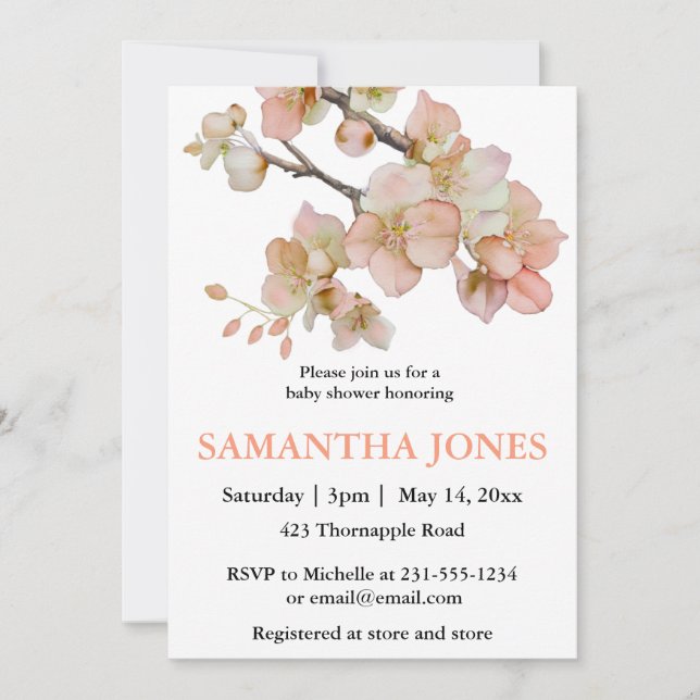 Watercolor orange spring tree blossoms  invitation (Front)