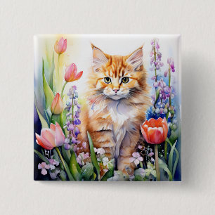 Watercolor Orange Tabby Kitty Cat In Flower Garden 15 Cm Square Badge