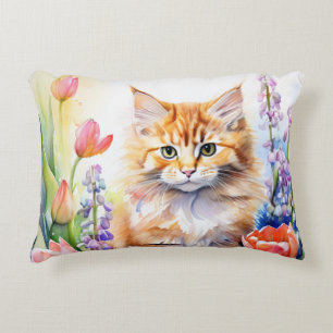 Watercolor Orange Tabby Kitty Cat In Flower Garden Decorative Cushion