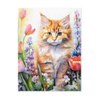Watercolor Orange Tabby Kitty Cat In Flower Garden