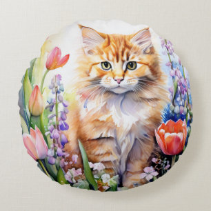 Watercolor Orange Tabby Kitty Cat In Flower Garden Round Cushion