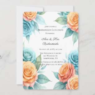 Watercolor Orange & Teal Roses Bridesmaids Lunch Invitation