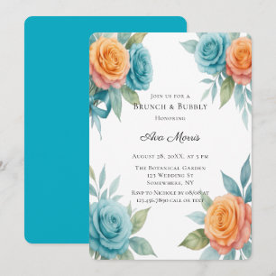 Watercolor Orange & Teal Roses Brunch and Bubbly Invitation