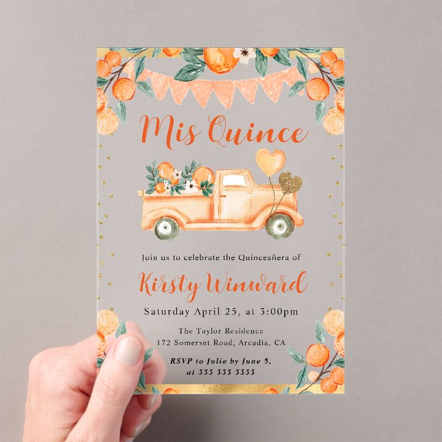 Watercolor Orange Truck and Flowers Quinceanera  Acrylic Invitations (Insitu (Handheld))