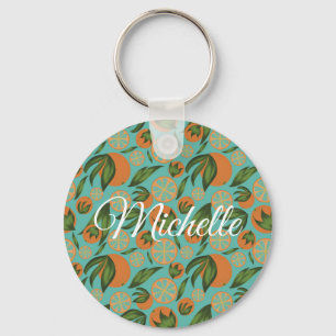 Watercolor Orange Turquoise Botanical Personalised Key Ring
